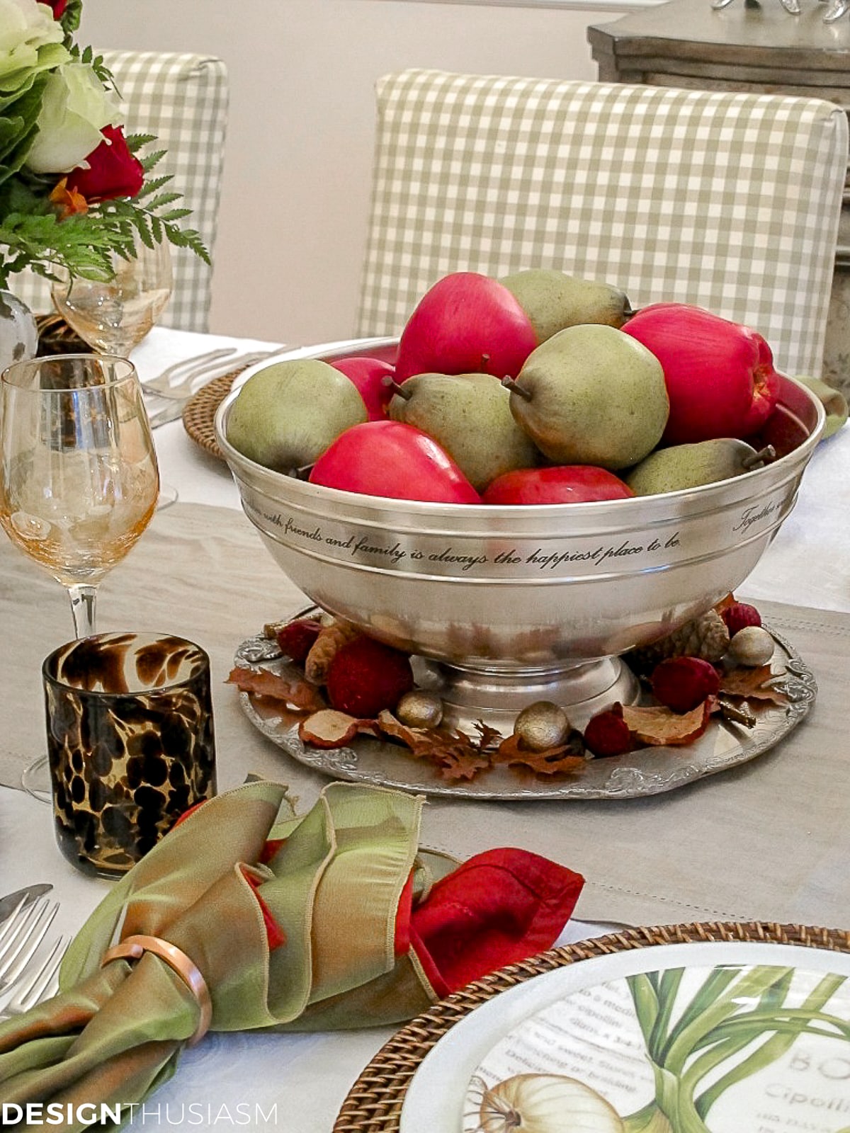 fall table with apples and pears