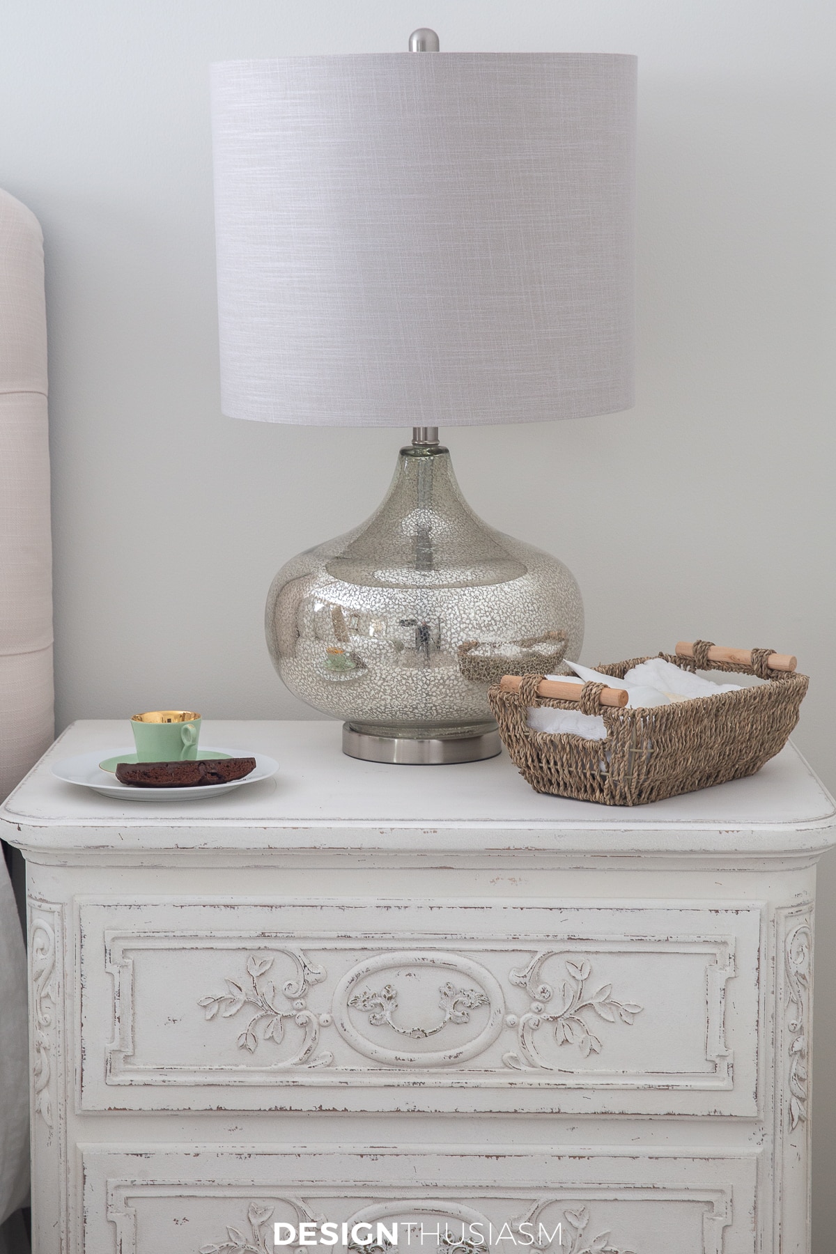 fall transition bedroom nightstand with teacup and basket