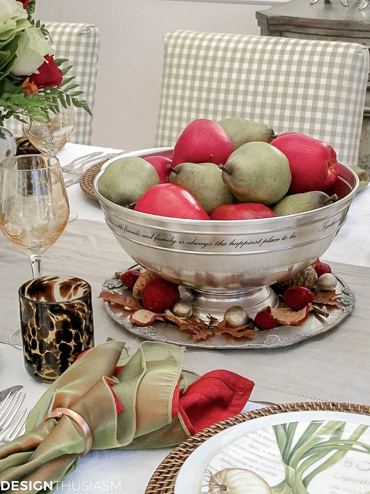 fall table with apples and pears