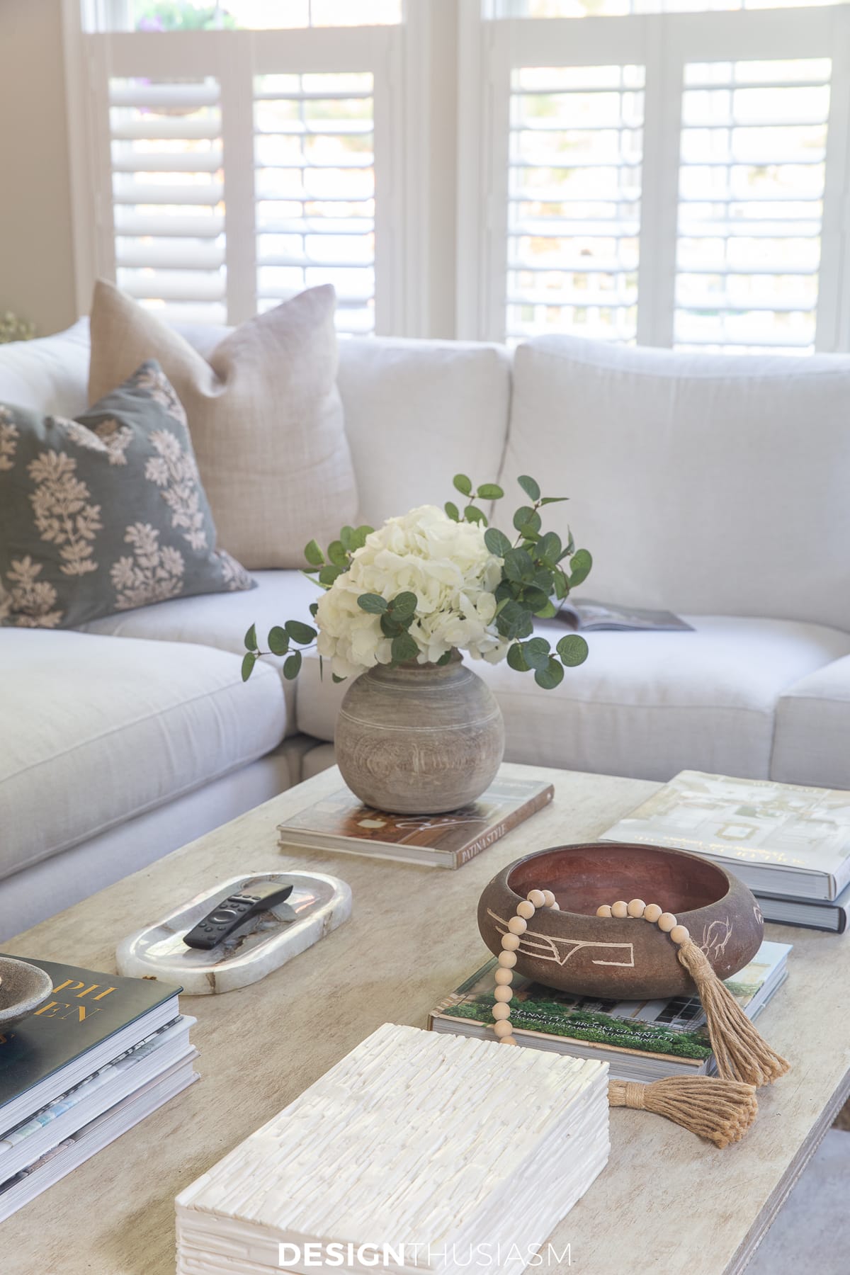 family room sofa with rustic fall decor