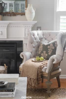 family room chair by the fireplace
