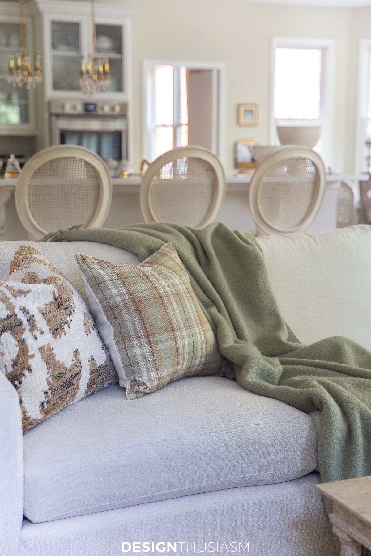 family room patterned pillows and throw