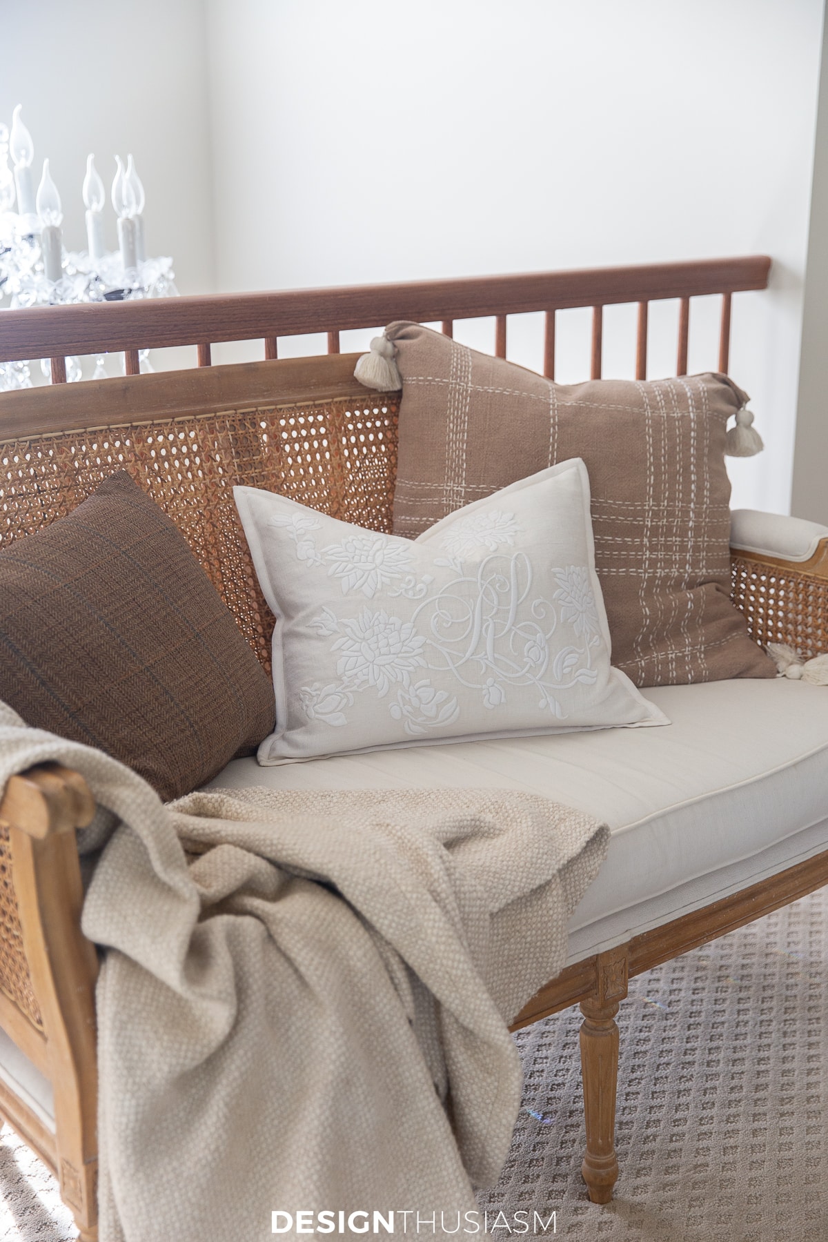 french settee with rustic fall pillows