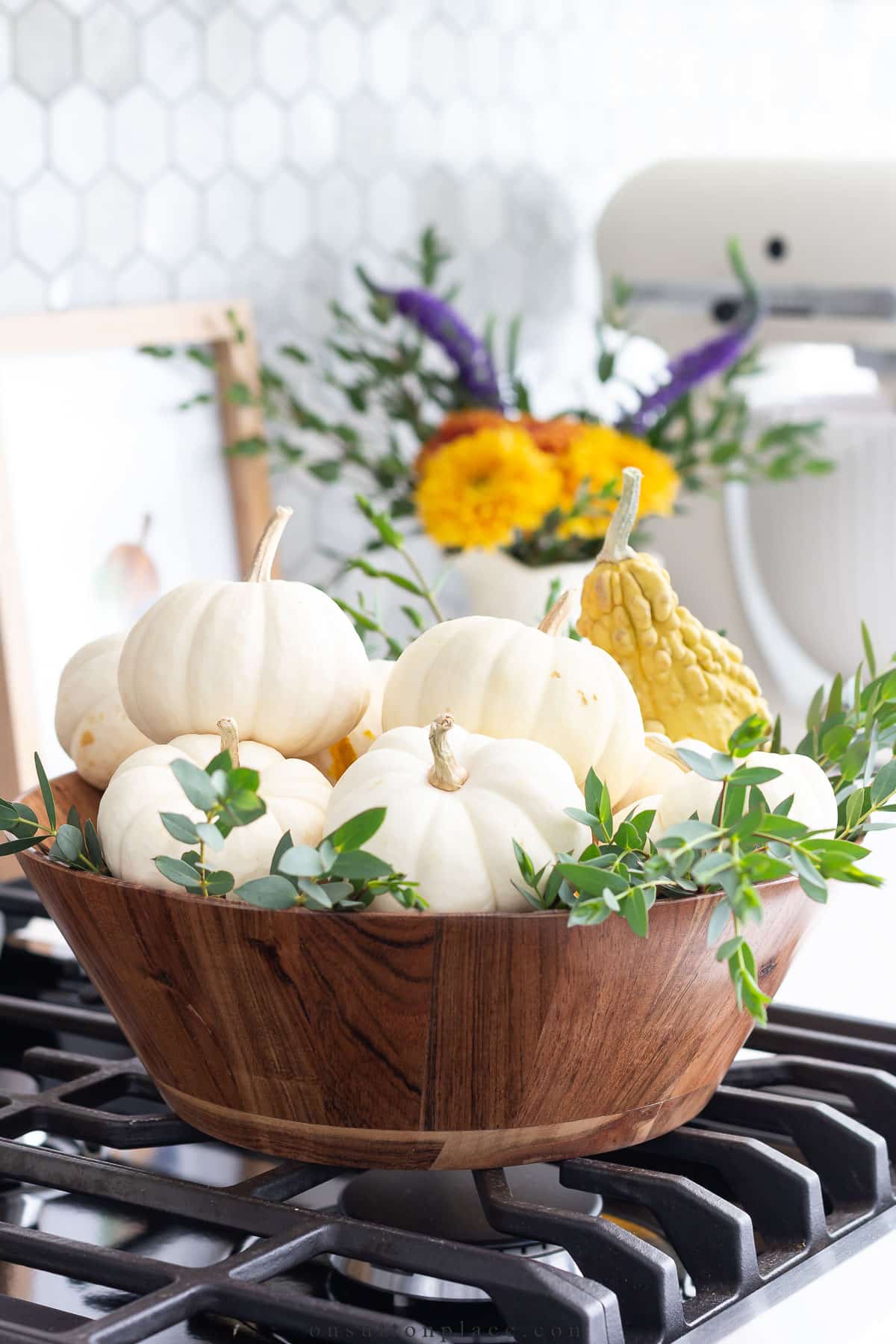 fall kitchen decor wooden bowl with pumpkins