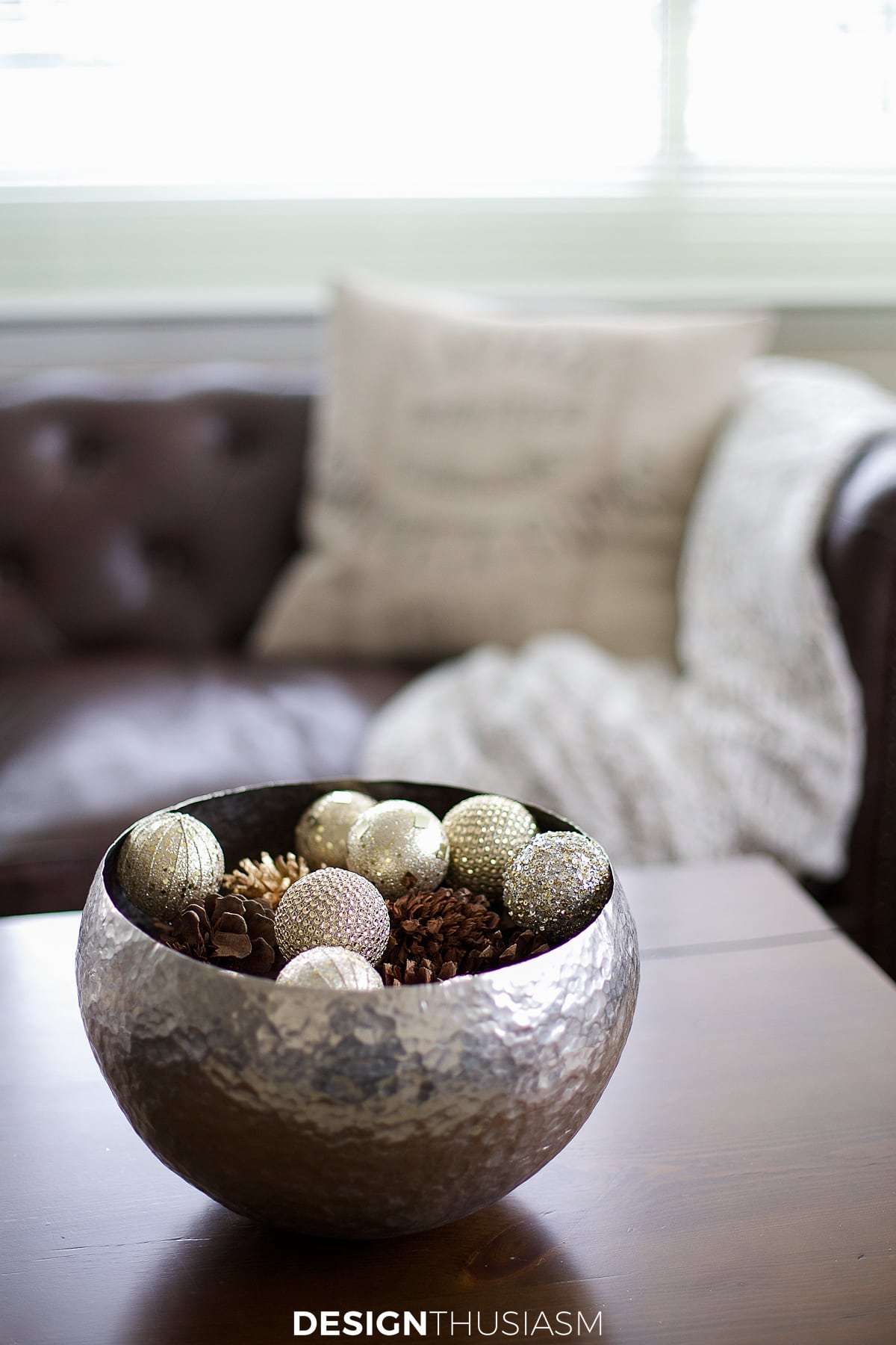 Christmas decor glittered orbs in a bowl