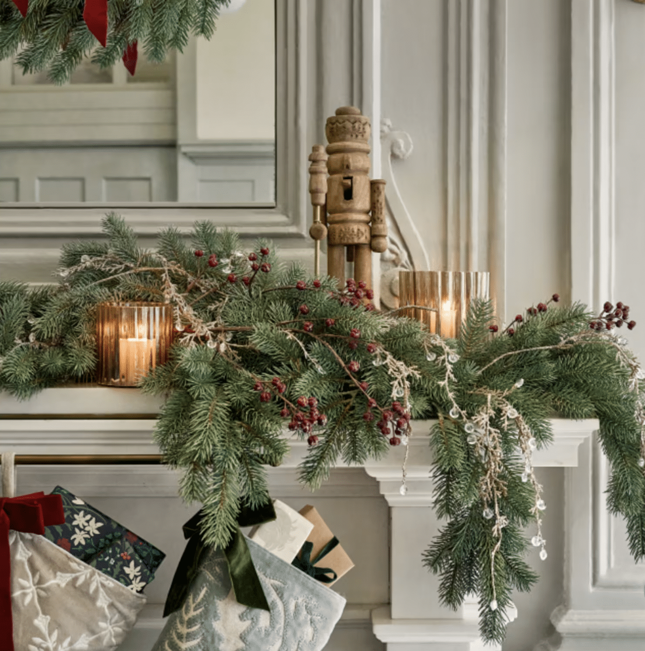 christmas mantel with burgundy