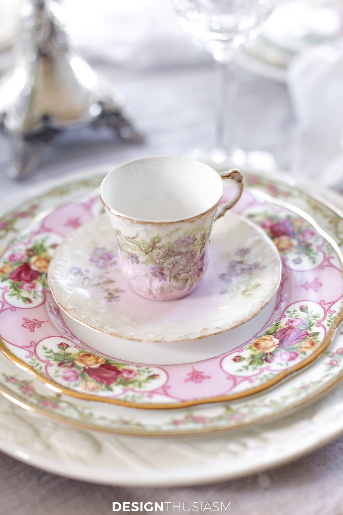 vintage china tablescape place setting