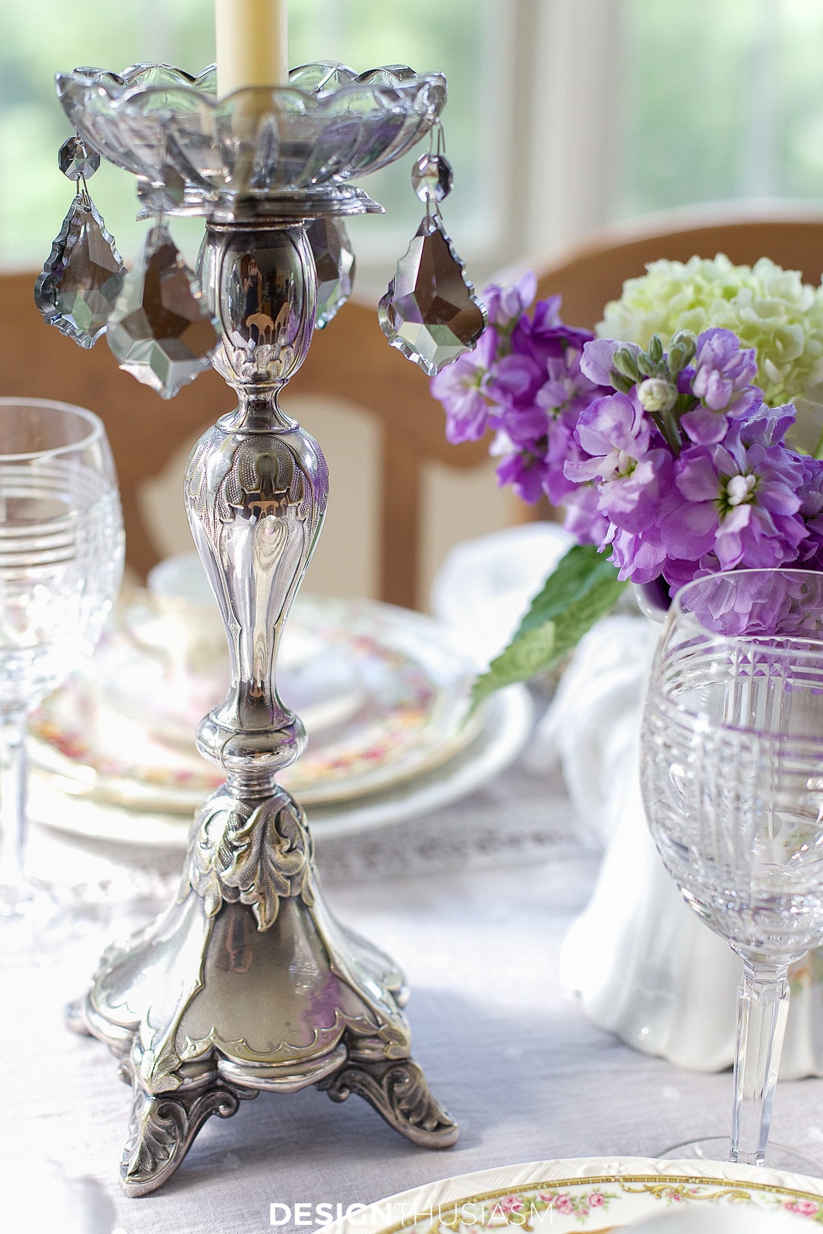 vintage china tablescape silver candlestick