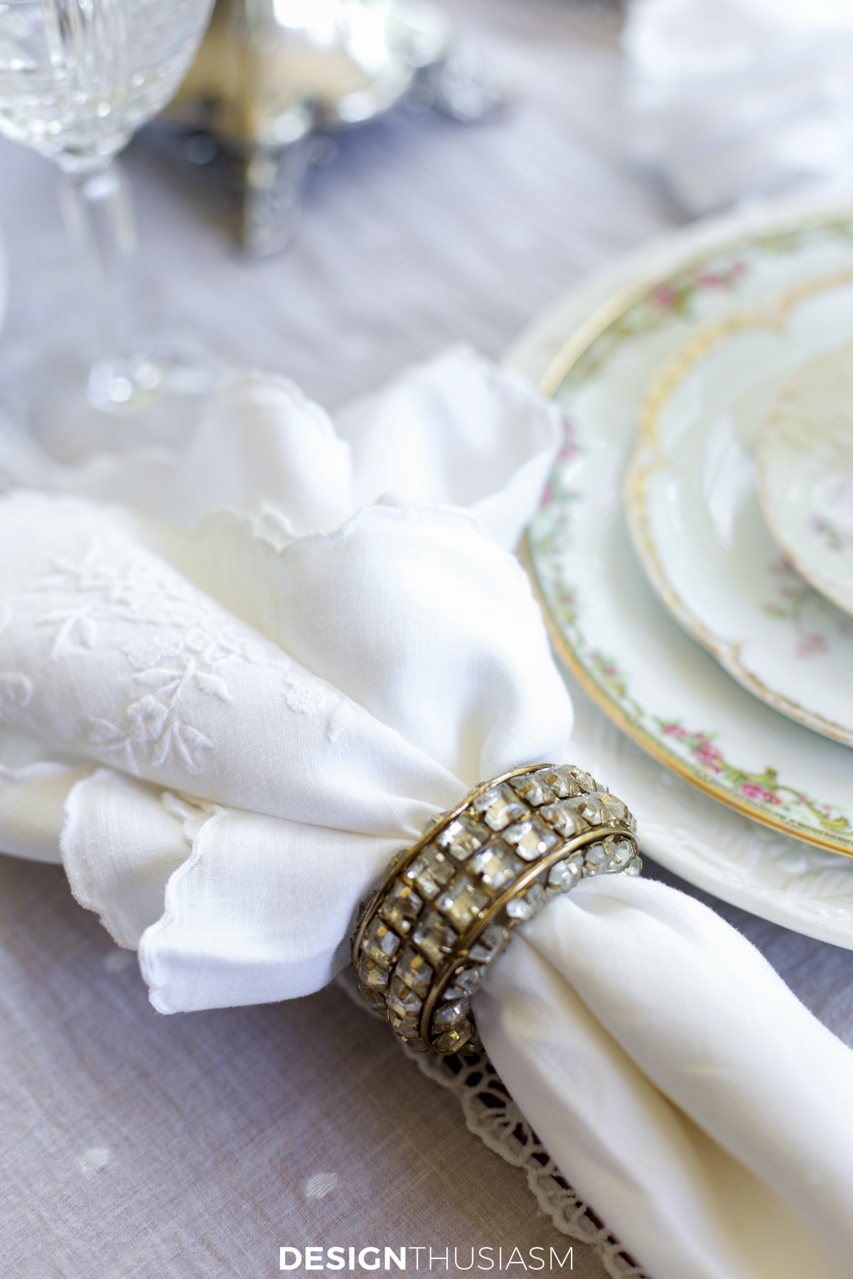 vintage china tablescape napkin and ring