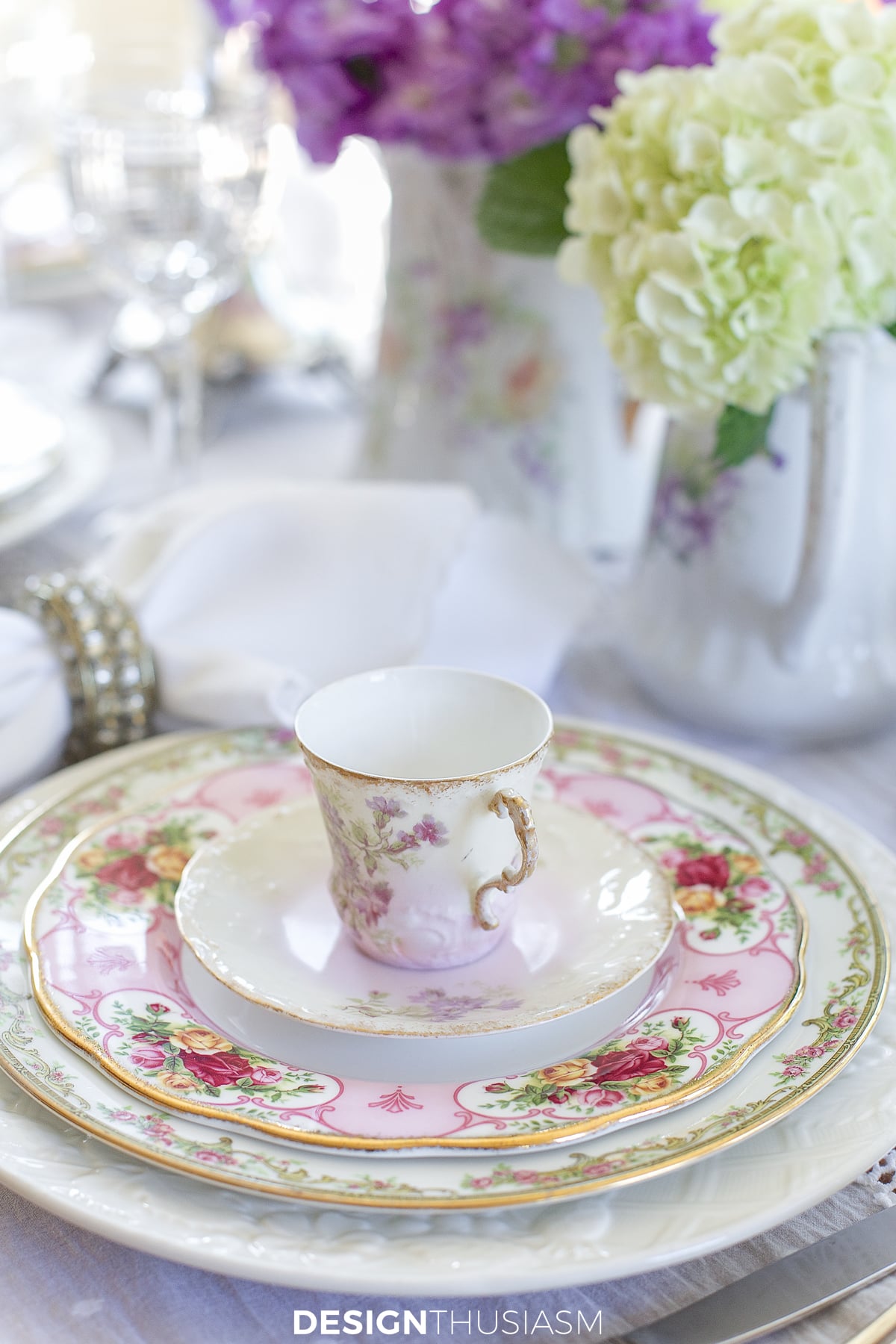 vintage china tablescape layered plates