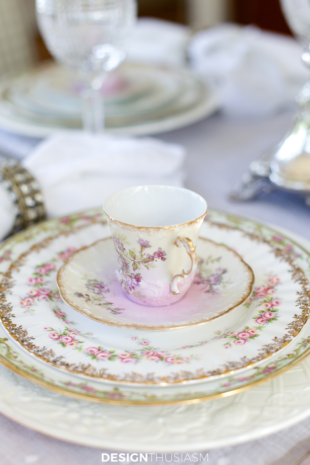 vintage china tablescape plate stack