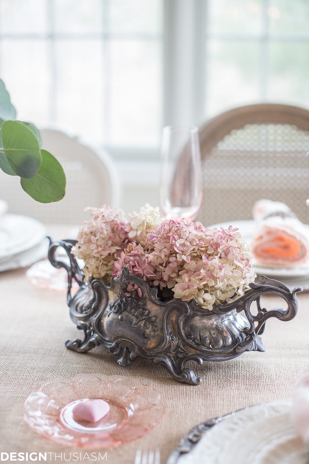 Valentine's Day Tablescape dried hydrangeas