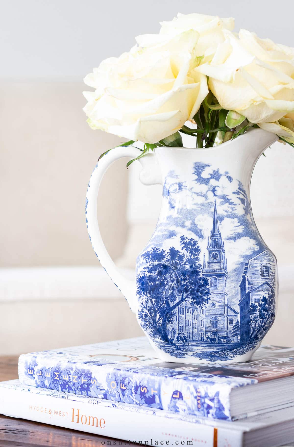 simple living and farmhouse style roses in transferware pitcher