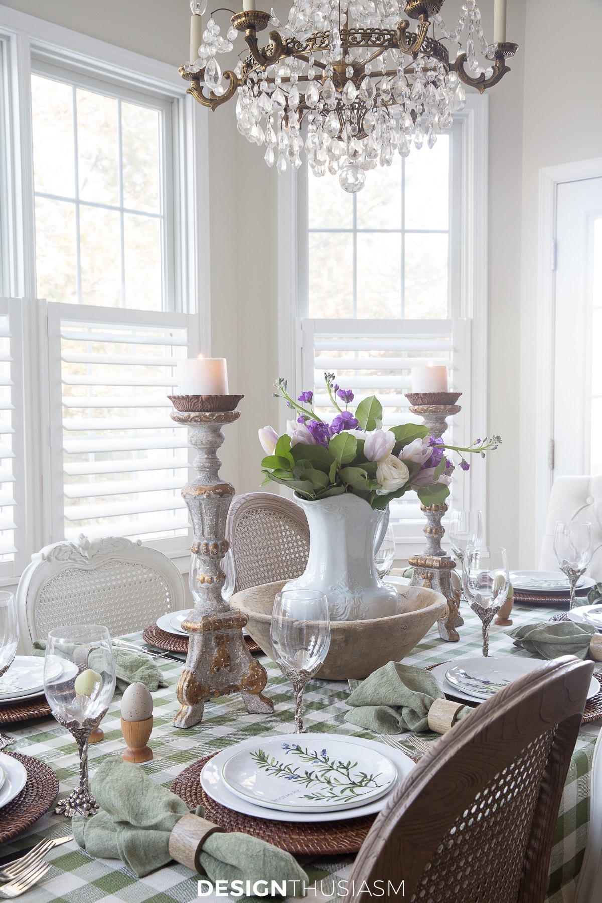 spring tablescape with gingham check tablecloth