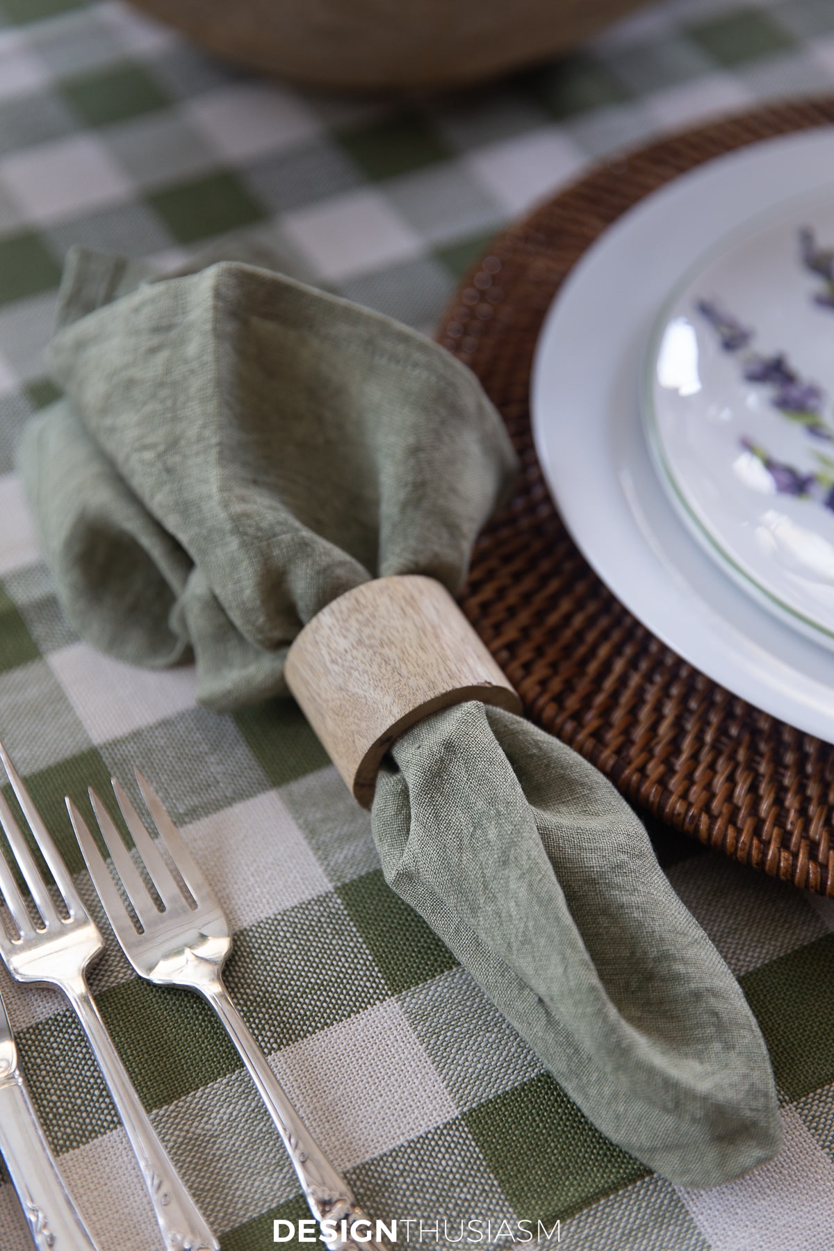 washed linen napkin with wooden napkin ring