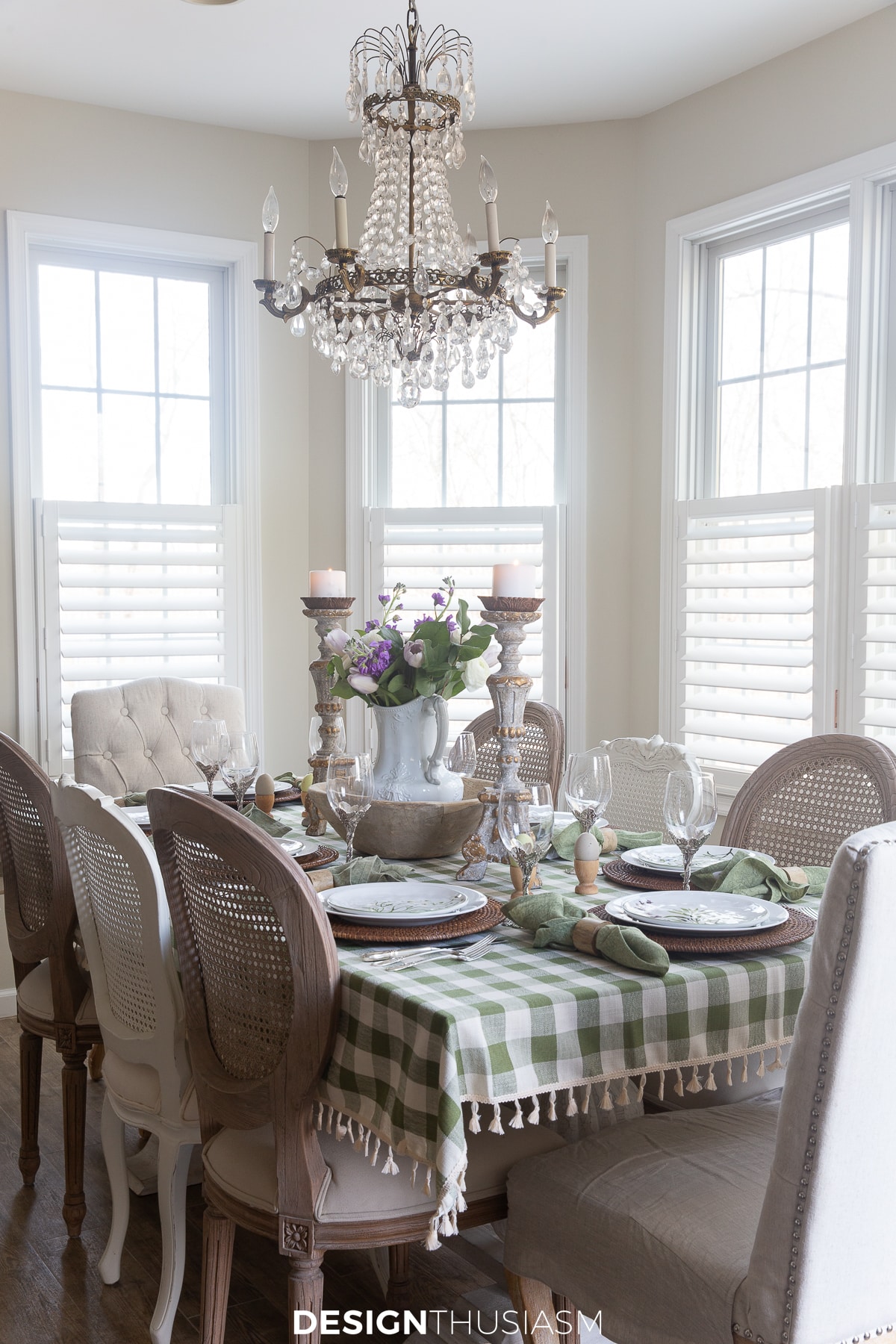 spring table decor with moss greens