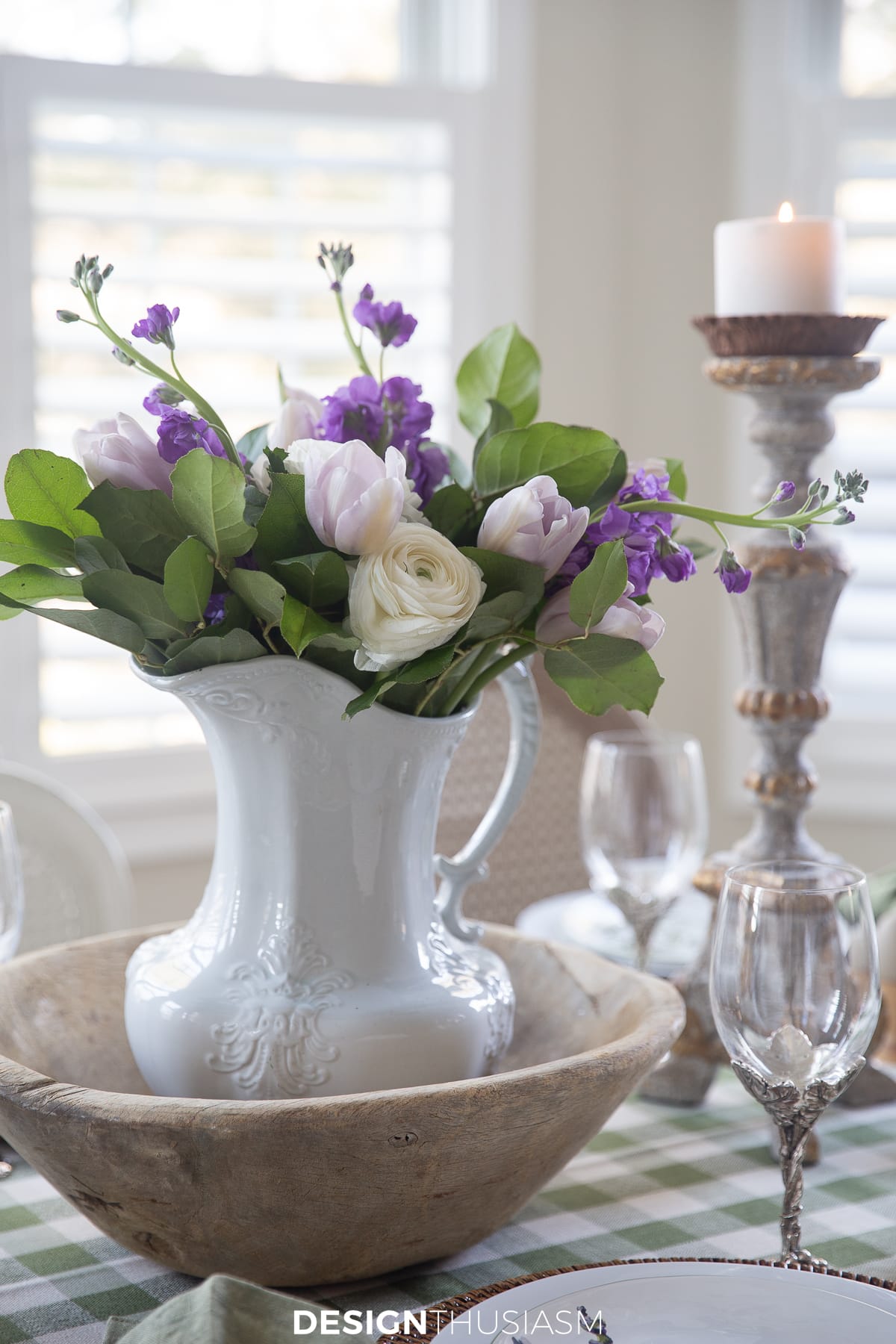 spring floral in ironstone pitcher and wooden bowl