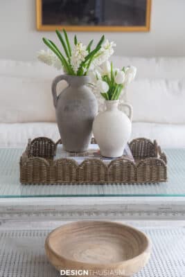 woven rattan tray with spring flowers