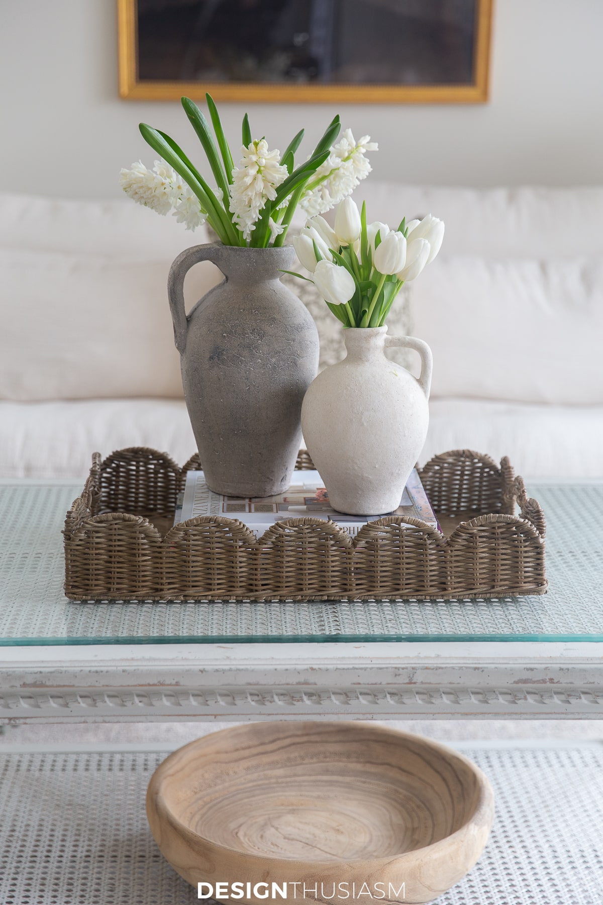 woven rattan tray with spring flowers