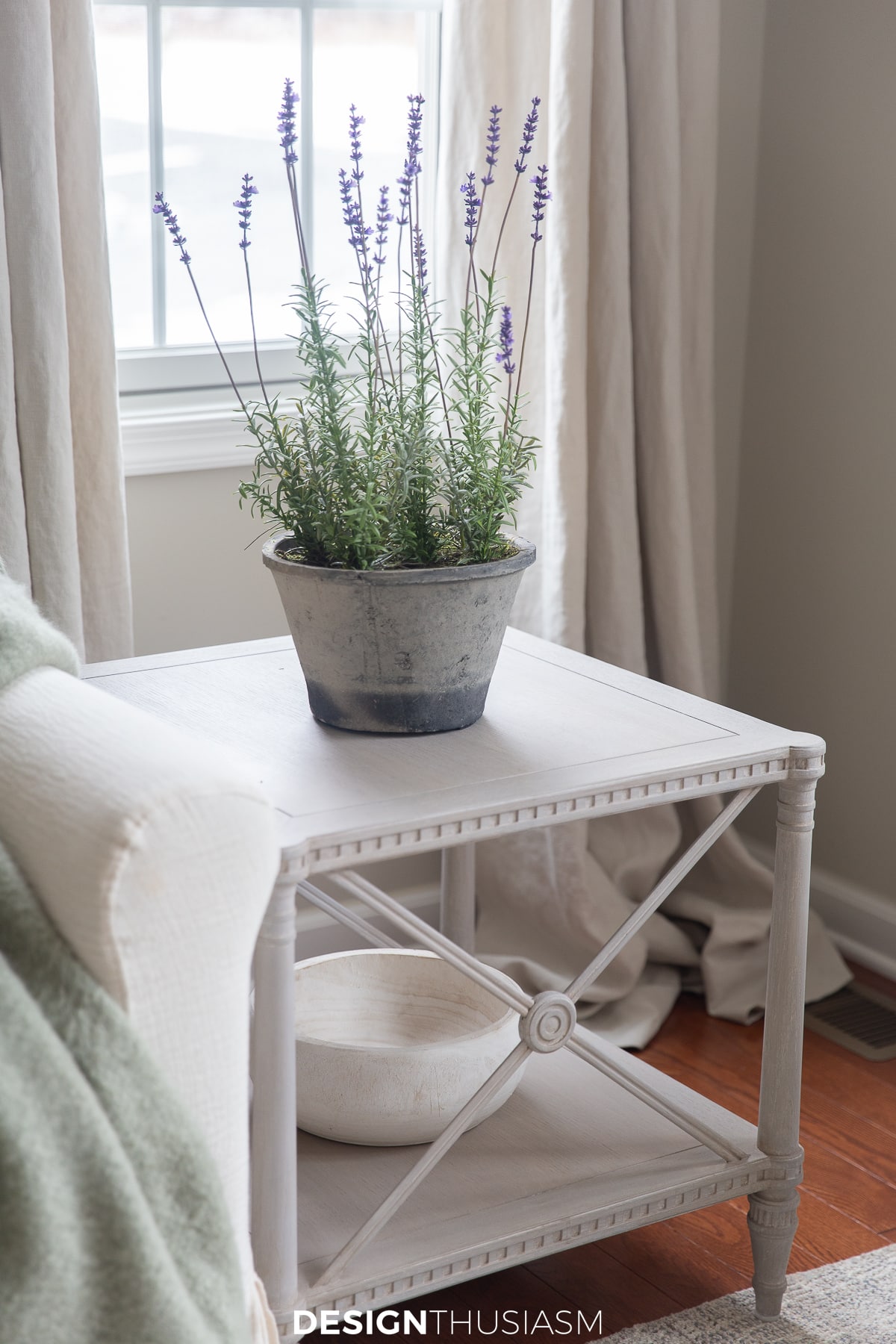 lavender planter on a side table