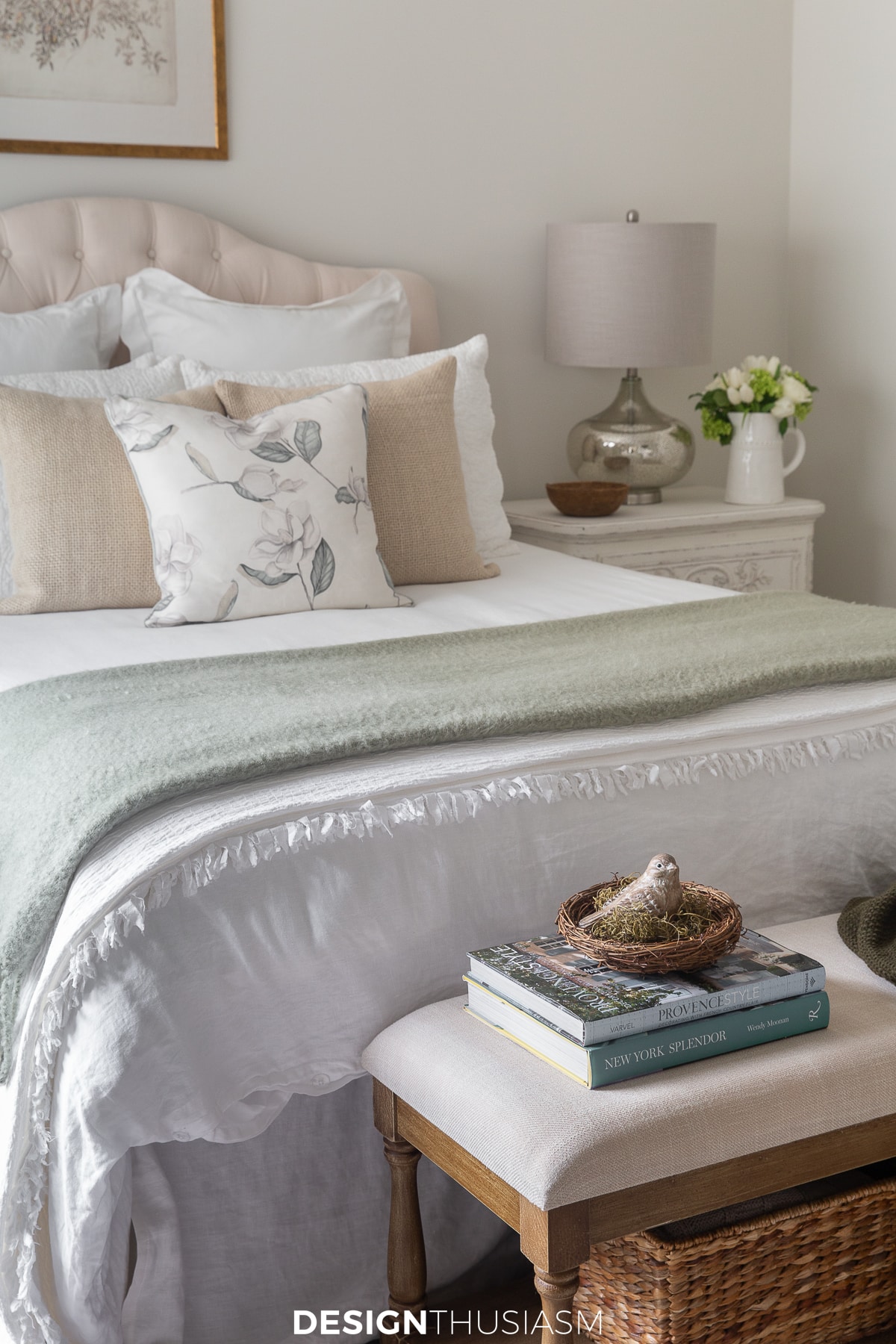 bedroom with pops of green