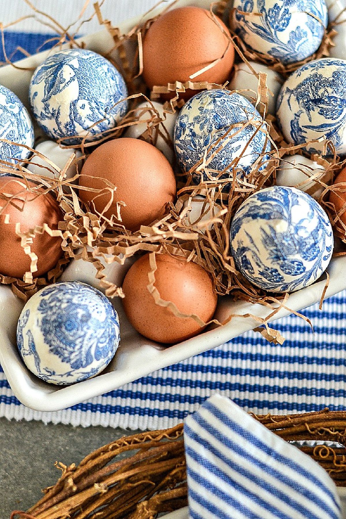 Easter eggs in a ceramic carton