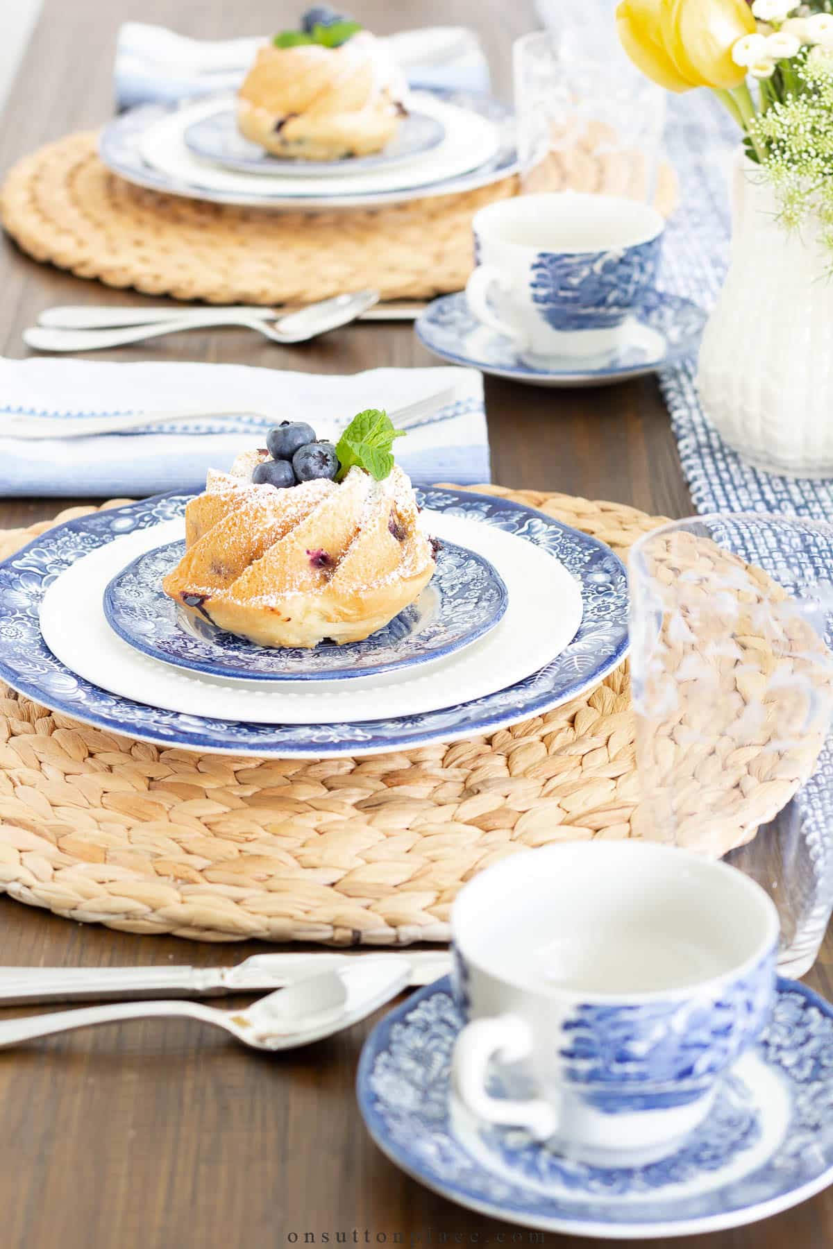 blue and white table setting with liberty blue transferware