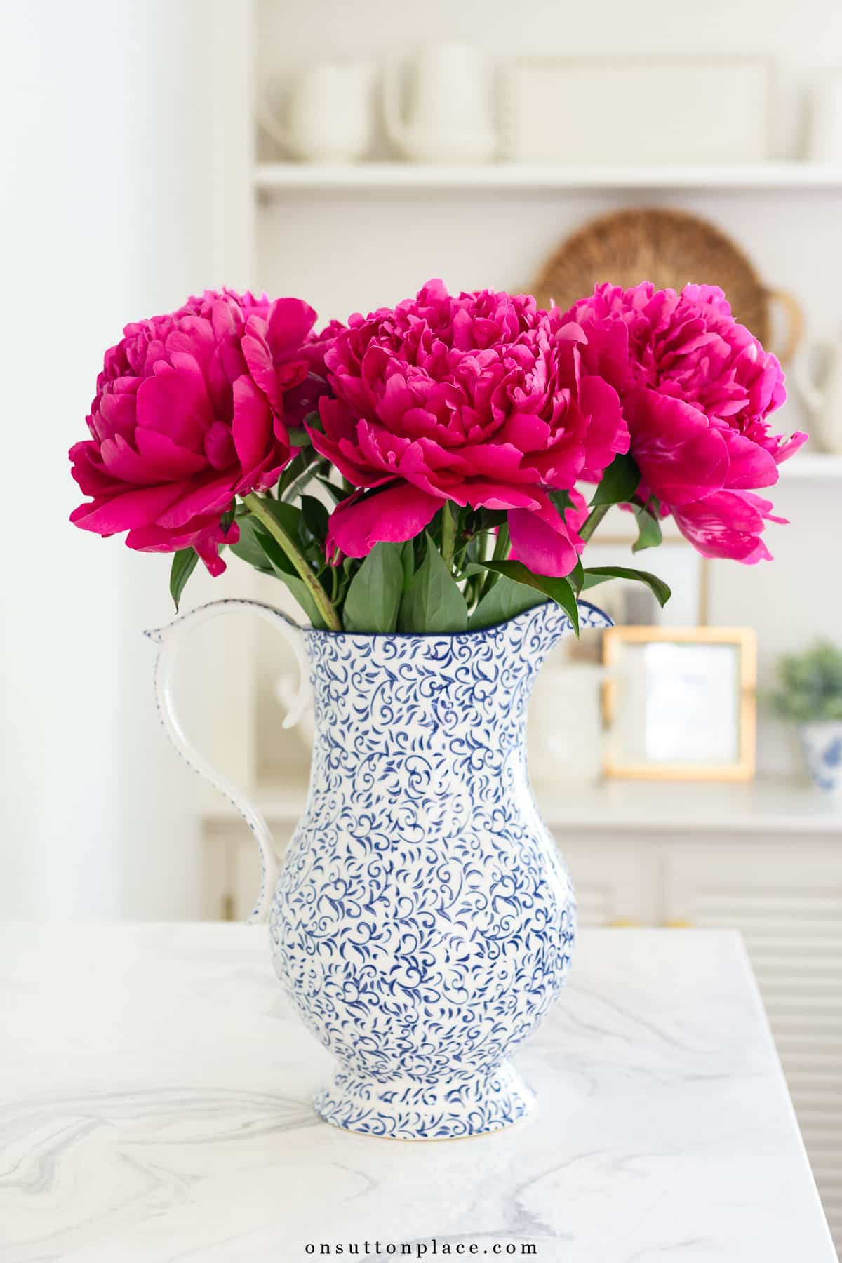 kansas peony bloom bouquet in blue and white pitcher