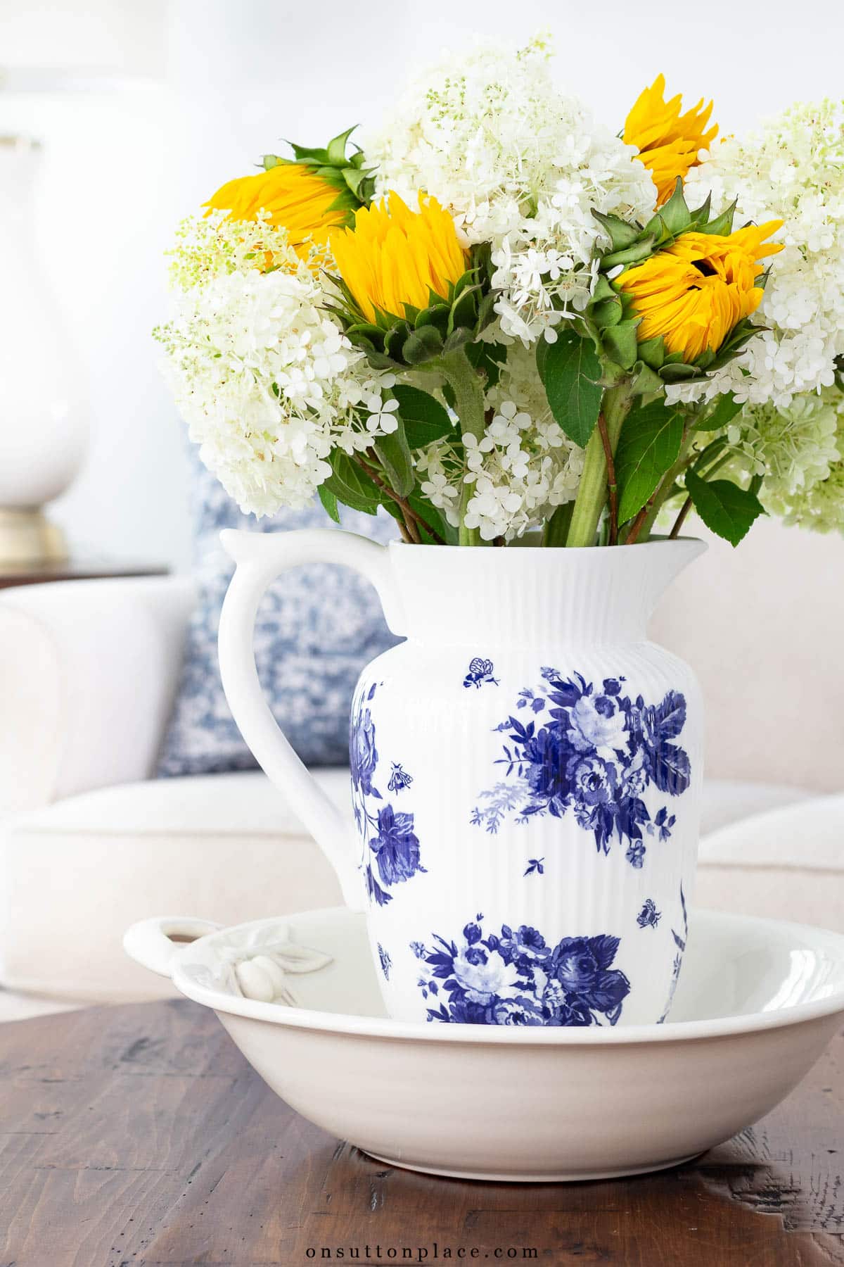 limelight hydrangeas and sunflowers in pitcher and bowl 2024