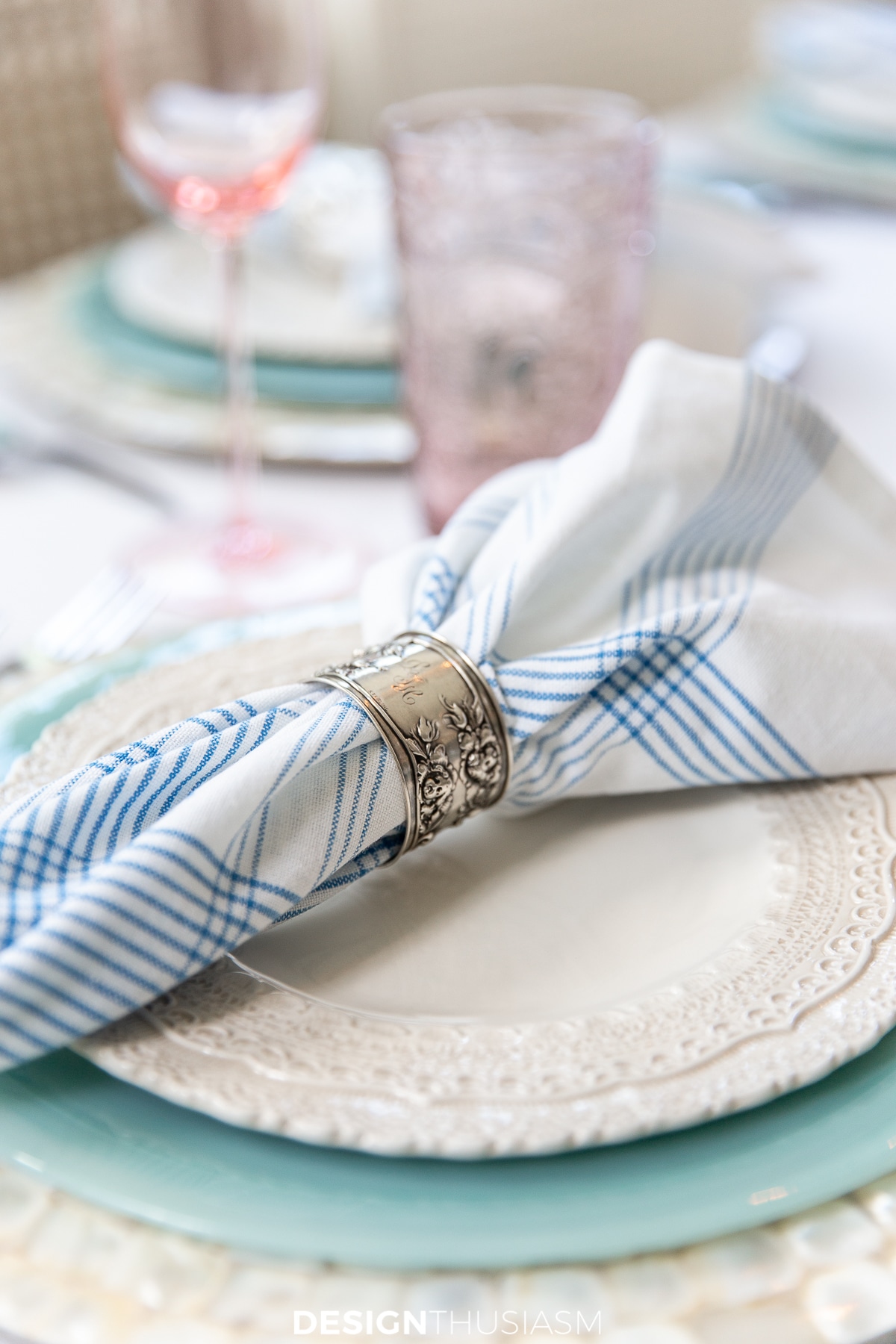 retro napkins on lacy textured salad plates