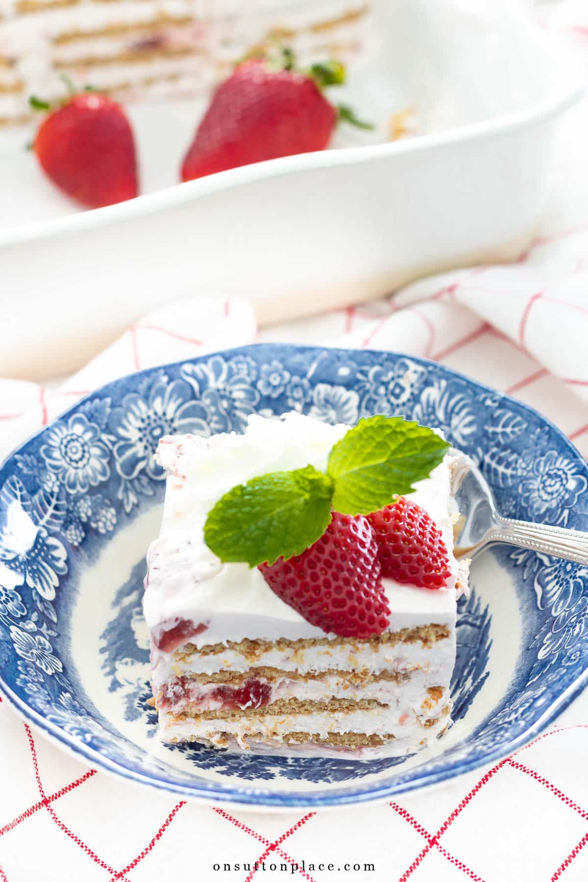 strawberry dessert ideas piece of strawberry icebox cake in bowl