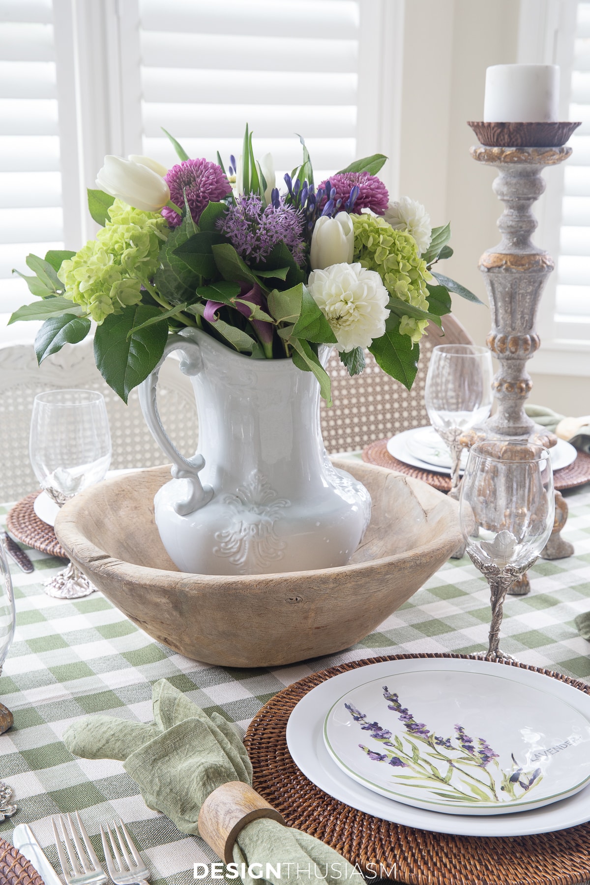 Flowers in an ironstone pitcher and wood bowl
