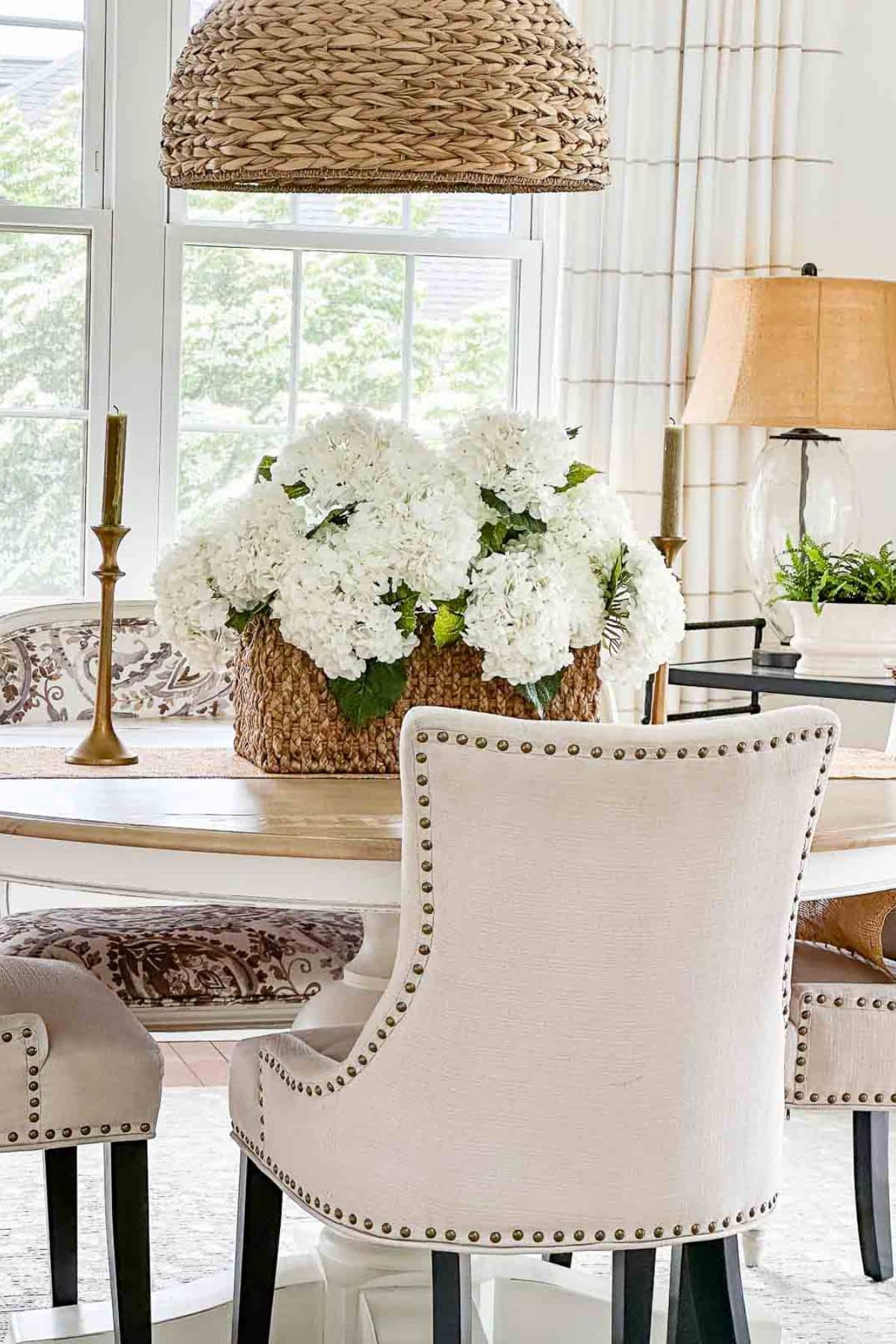 White hydrangeas on the dining table